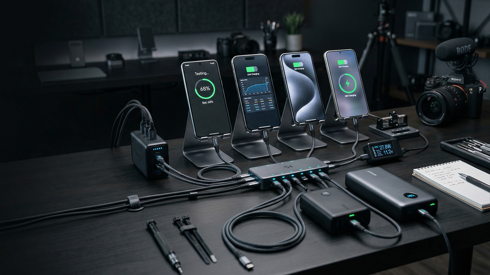 Tech gear setup for filming phone reviews and charging tests