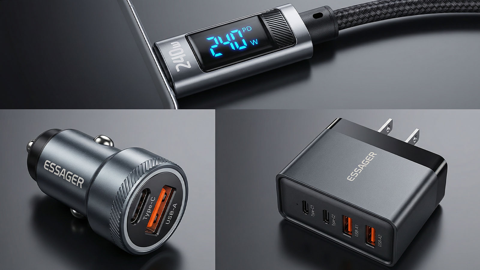 Phone charging setup with fast charger USB-C cable power bank and accessories